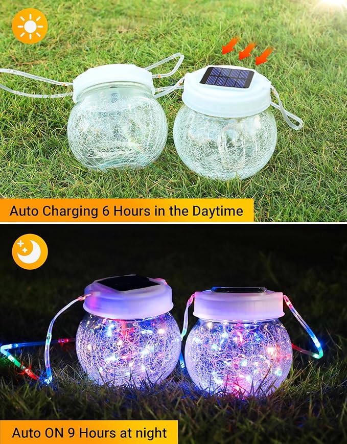 Solar Lantern Solar Lights Outdoor Waterproof 2-Pack, Solar Powered Hanging Lights Cracked Glass Hanging Globes for Christmas Decoration, Shepherd Hook, Garden Tree Ornaments,White Cap, Multi-Color