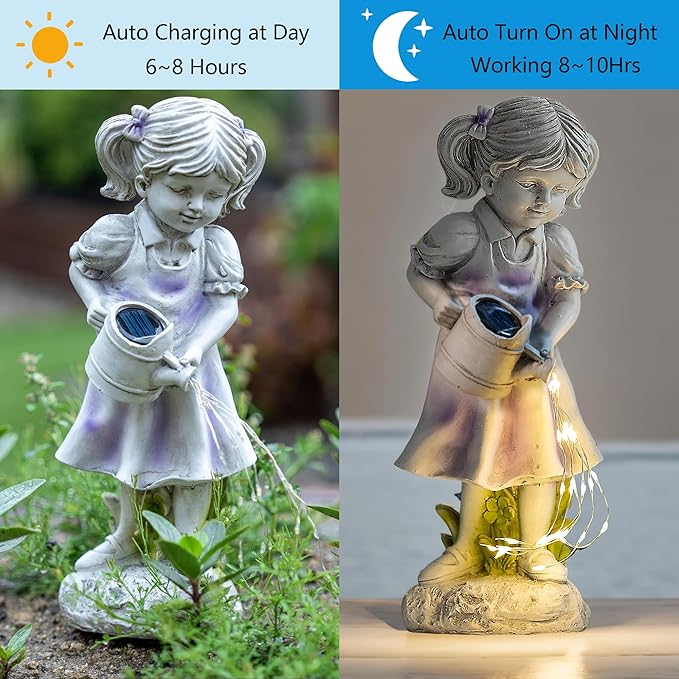 Solar Garden Decor Girl Statue Lawn Ornaments with Solar Watering Can for Outside Yard Porch Patio Balcony Decor Outdoor Gardening Gifts for Women Moms