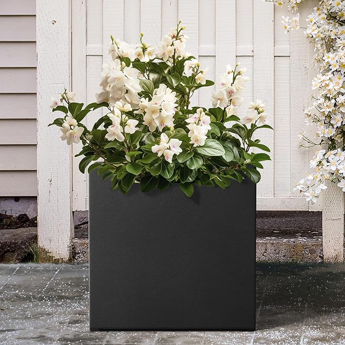 Kante 12 Inch Square Concrete Planter for Outdoor Indoor Home Patio Garden, Large Plant Pot with Drainage Hole and Rubber Plug, Black
