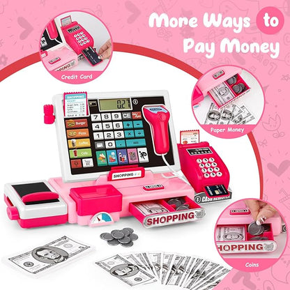Kids Cash Register Toy Playset, Toddler Prentend Play Store with Real Calculator Cash Register with Scanner/Credit Card/Play Money/Food, Learning Toys for Boys Girls Toddlers(Pink)
