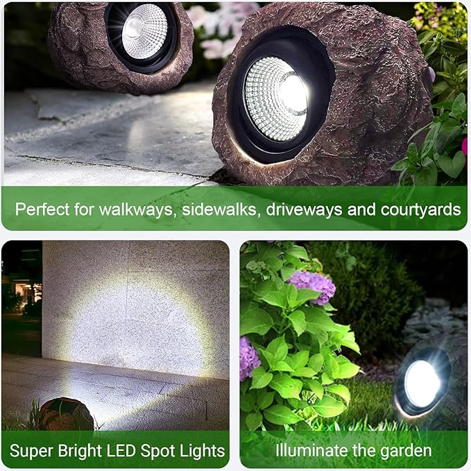 Outdoor Solar Rock Light, Waterproof LED Solar Spotlight, Garden Landscape Lights, Decorative Garden Rock Lights for Paths, Sidewalks, Patio and Landscaping - 4 Pack