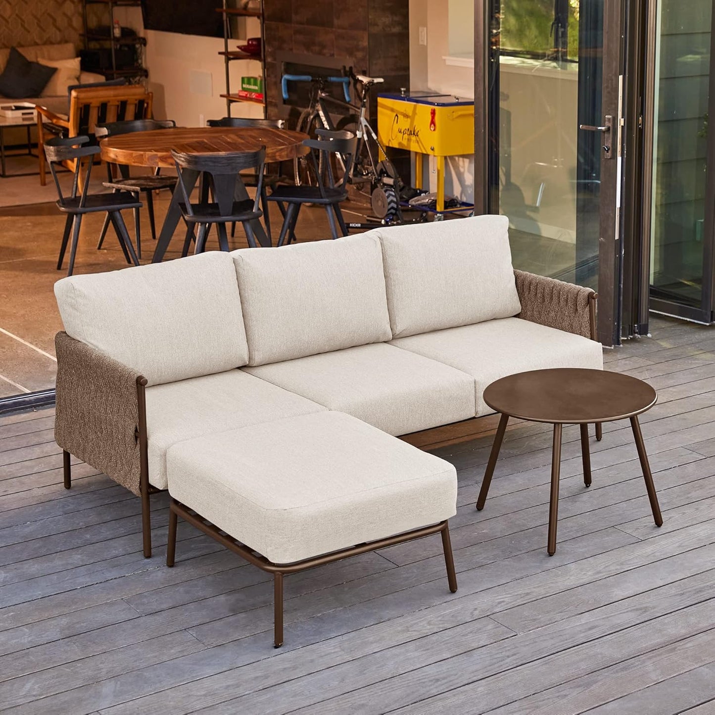 EAST OAK 3-Piece Patio Furniture Set | Life Chatter 4-Seat Outdoor Furniture | Sectional Sofa Set with Round Coffee Table | Deep Seating Sofa with Thick & Washable Cushions | Chestnut & Apricot