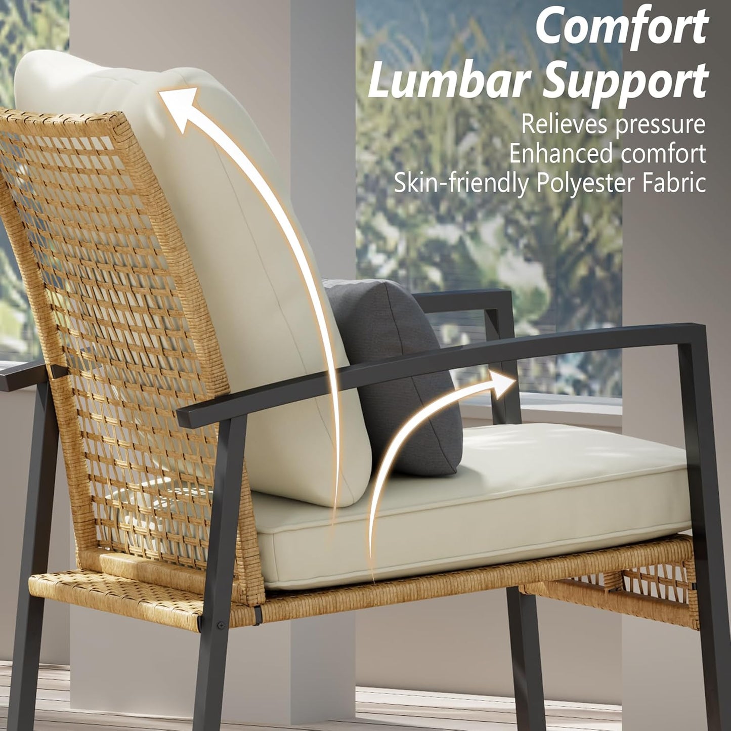 3 Piece Patio Rocking Chairs Set of 2, Outdoor Rocking Chair Bistro Set with Tempered Glass Coffee Table and Thick Lumbar Pillow Set, Front Porch Chairs for Garden, Backyard, Poolside (Beige)