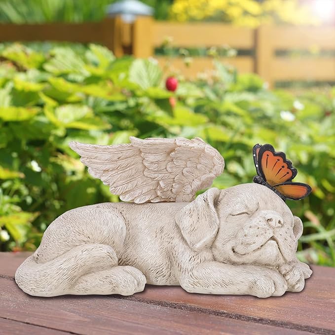 WONDER GARDEN Sleeping Dog Angel Statue with Solar Light - Pet Memorial Stone, in Memory of Dog, Marker Tribute Statues, Resin Guardian Angels, Bereavement Gift