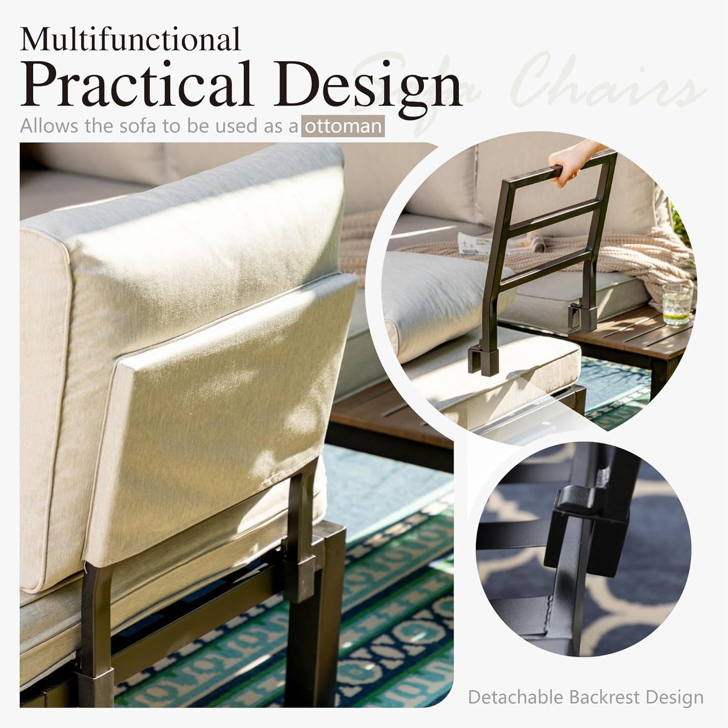 Sophia & William 6 Pieces Outdoor Patio Furniture Set, Metal Sectional Sofa Set Patio Conversation Set-2 x Single Sofa with Side Table,1 x Loveseat,2 x Single Couch,1 x Tea Table(Beige Grey)