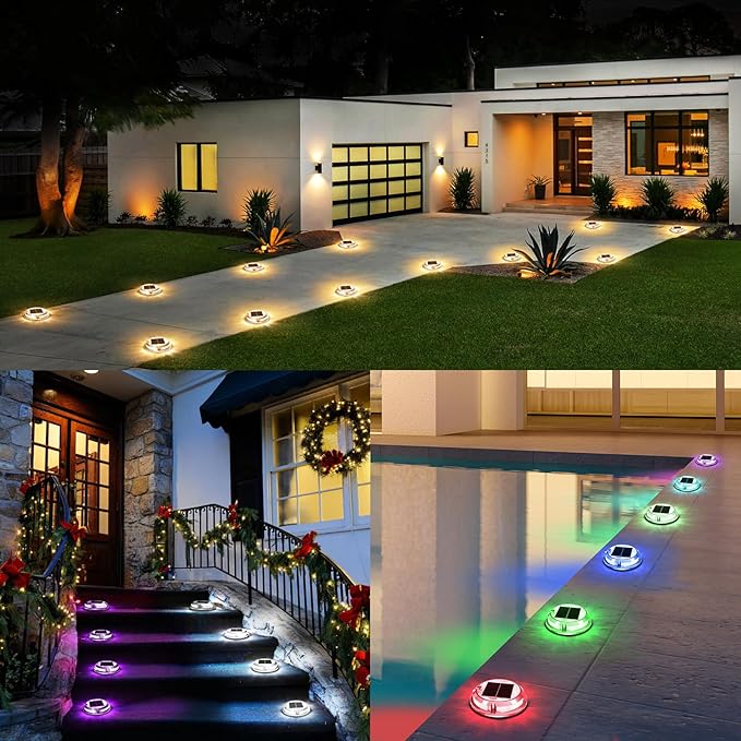 Quntis RGB Solar Deck Lights 12 Pack, 11 Lighting Modes Solar Driveway Lights Outdoor Waterproof IP68, Step Light for Outside, Deck Light for Stair Pathway Walkway