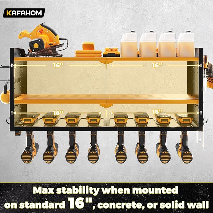 KAFAHOM Power Tool Organizer with Charging Station, Built in 8 Outlet Power Strip,Large 8 Drill Holder Wall Mount, Heavy Duty Metal Power Tool Storage Rack Tool Shelf for Garage Organization Yellow