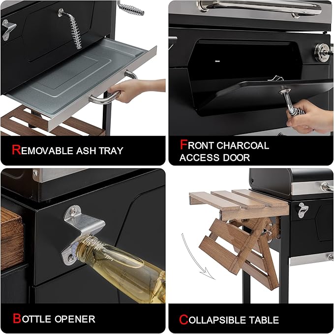 Royal Gourmet CD1824M 24-Inch Charcoal Grill, BBQ Smoker with Handle and Folding Table, Perfect for Outdoor Patio, Garden and Backyard Grilling, Black, Medium
