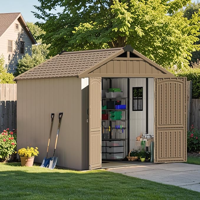 Patiowell 8 x 8 FT Plastic Outdoor Storage Shed with Floor, Resin Shed with Window and Lockable Door for Garden, Backyard, Tool Storage Use, Easy to Install in Brown (Kick-it Shed)