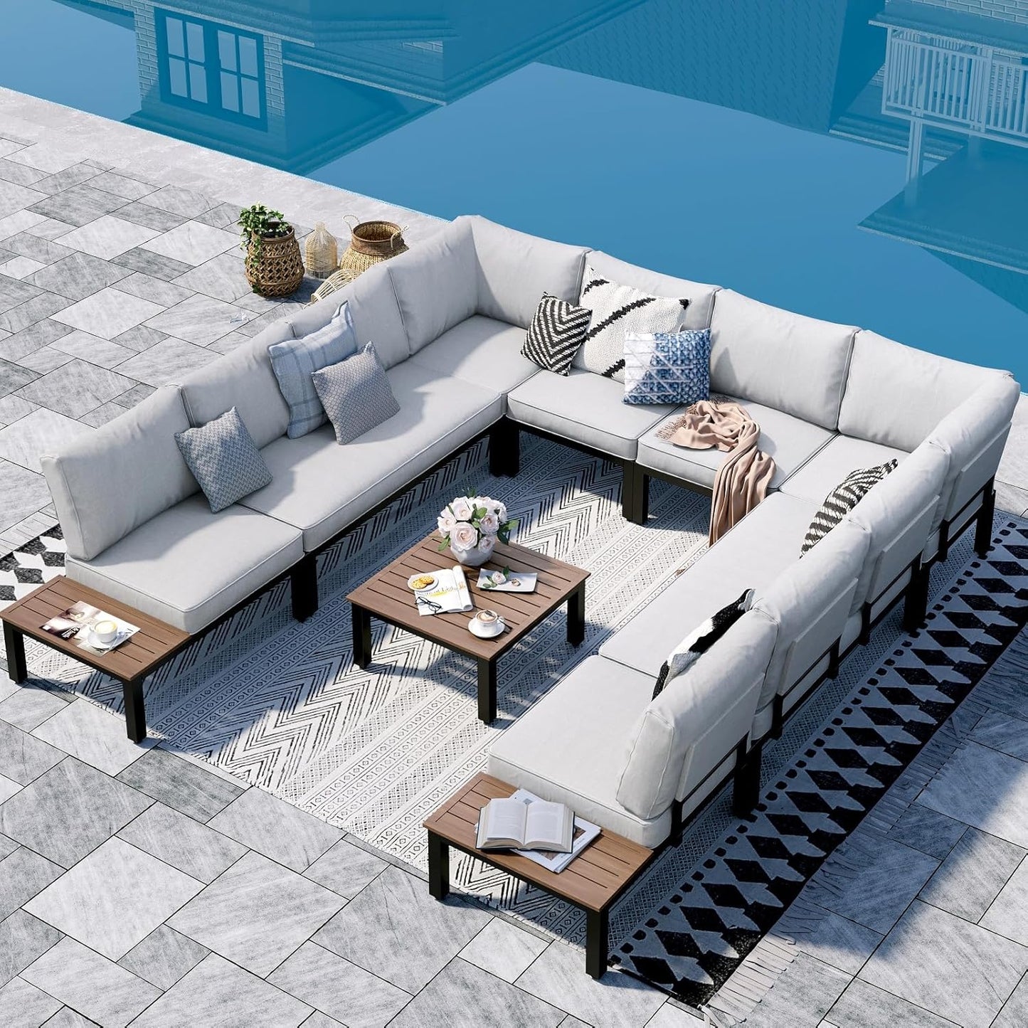 Sophia & William 9PCS Patio Furniture Set, Metal Outdoor Sectional Sofa Patio Conversation Set-2 Single Sofa with Side Table, 4 Single Couch, 2 Loveseat, 1 Tea Table