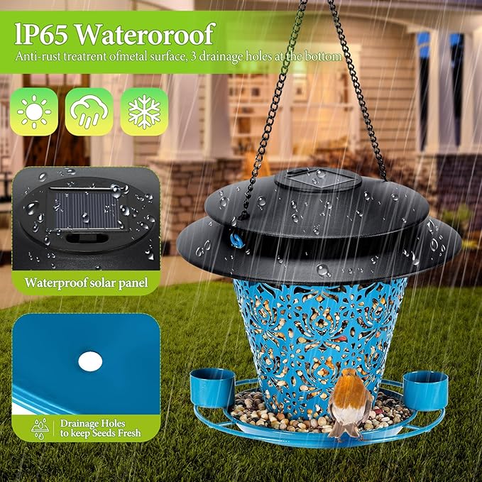 Solar Bird Feeders for Outside Hanging Metal Wild Bird Feeder Solar Lanterns Outdoor Waterproof Garden Decor for Yard Blue