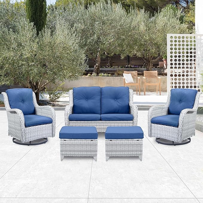 5 Piece Outdoor Patio Furniture Set - Patio Wicker Furniture Conversation Set, Outdoor Swivel Rocker Chairs with Loveseat Sofa and 2 Ottomans for Small Space, Blue Cushion