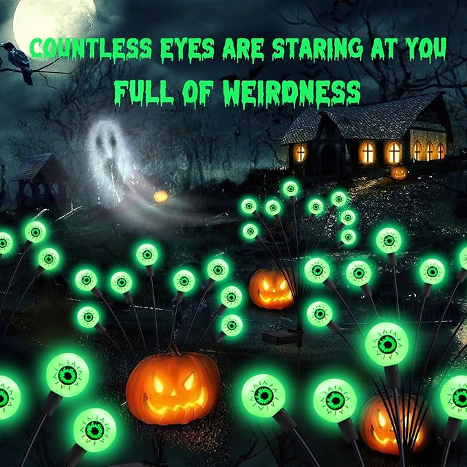 ASMAD Halloween Decorations Outdoor Solar Scary Eyeball Lights, 4Pack 32LEDs Green Eyeball Swaying Firefly Light, Waterproof Halloween Path Lights for Garden/Yard/Patio/Party Decor