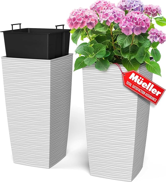 Mueller M-Resin Heavy Duty Tall Planter, Indoor/Outdoor Grande Plant, Tree, Flower Pot, 2-Piece Set, 24”, Modern Design, Built-in Drainage, White