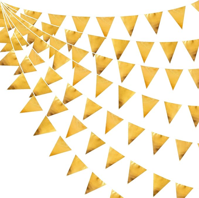 Gold Party Decorations Metallic Fabric Triangle Pennant Banner Gold Flag Bunting Garland for Graduation Birthday Wedding Anniversary Bridal Shower Bachelorette Engagement Hen Party Decoration Supplies