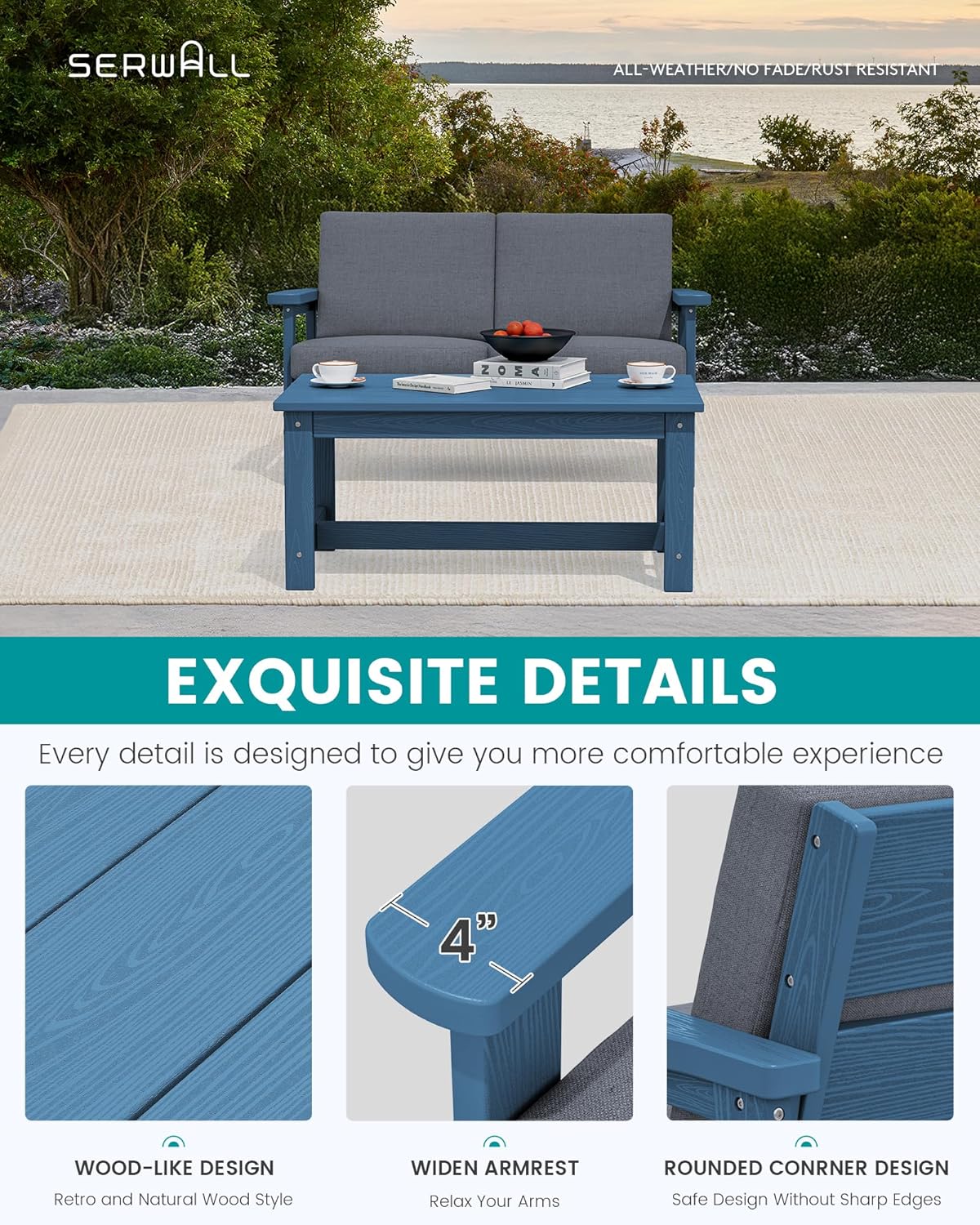 SERWALL Outdoor Loveseat, Blue Frame and Grey Cushion