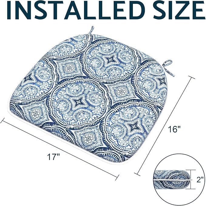 Indoor/Outdoor Chair Cushions 16x17 Inch, Patio Chair Cushions with Ties, All Weather Seat Cushions for Patio Furniture Home Garden Chair Use, Set of 2,Medallion Blue
