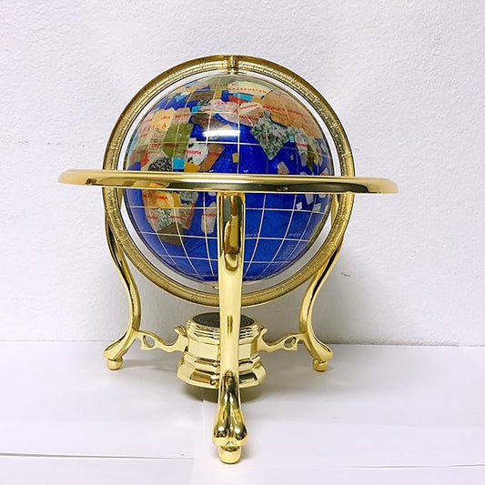 Unique Art 10-Inch Tall Table Top Blue Pearl Swirl Ocean Gemstone World Globe with Gold Tripod Stand (Blue Pearl)