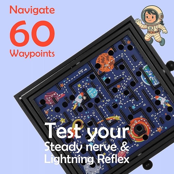 'STERLING Games Wooden Labyrinth Space Shuttle Theme Tilt Maze Game with Marble Ball and 60 Waypoints for 6 Years Up, 13.5" x 13" Board