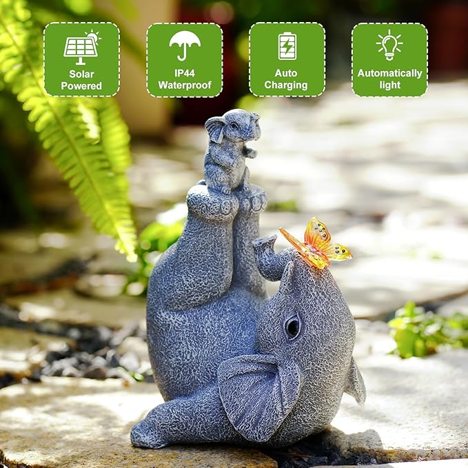 Solar Elephant Statues for Garden Decor - Elephant Handstand Mother&Son Solar Statue with Solar Butterfly,Best Birthday Gifts for Mom,Women