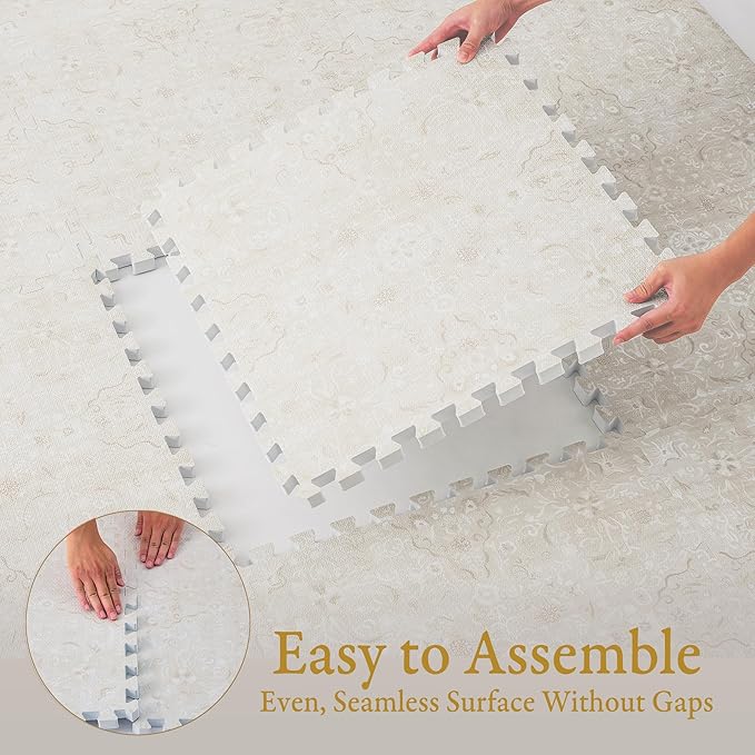PopsyKosy Premium Exercise & Baby Foam Play Mats - Stylish & Large Non-Toxic Odorless Floor Mat - 6 Tiles - Spacious 6ft x 4ft - Peel-Resistant Reinforced - Soft Thick, Waterproof - Pearl Beige