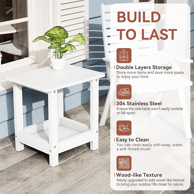 Outdoor Side Table with 2 Layers Storage Small Adirondack Square Side Tables for Outside Weather Resistant Patio End Table for Pool, Backyard, Indoor Companion, Front Porch, White