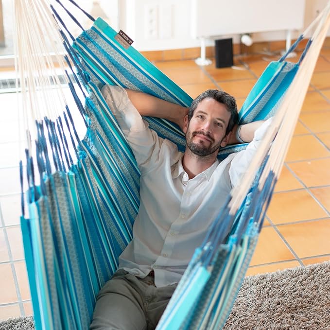 LA SIESTA - Large Comfort Habana Cotton Hammock & Romano Steel Stand - Indoor Outdoor Hanging Chair Swing for Bedroom Porch Balcony - Boho Hanging Chair - Azure