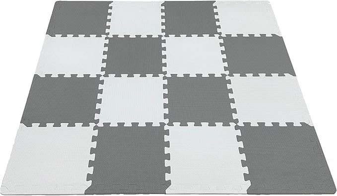 18 Pieces Foam Play Mat, Interlocking Playmat Tiles, Foam Floor Mat Tiles for Kids, Puzzle Play Mats, Exercise Gym Mats – Color of Gray & White with Border