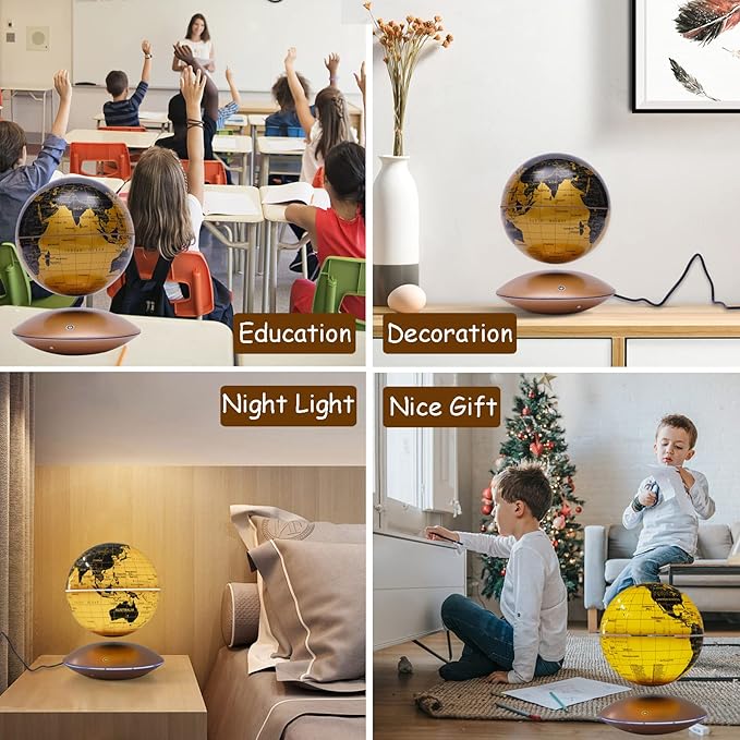 6" Magnetic Levitation Floating Globe Anti Gravity Rotating World Map with LED Light 7 Colors Display Floating Globe for Children Educational Gift Home Office Desk Decor (Gold)