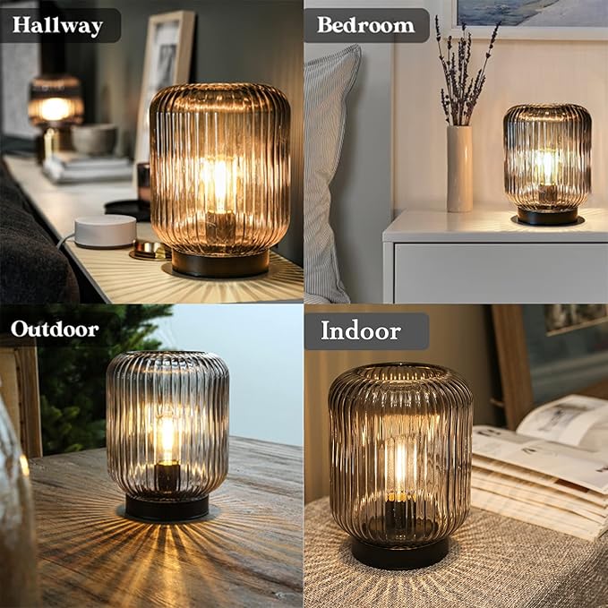 Battery Operated Lamp, Cordless Table Lamps for Home Decor, Battery Powered Nightlight with LED Bulb, Decorative Glass Beside Lamp for Bedroom Living Room-Grey