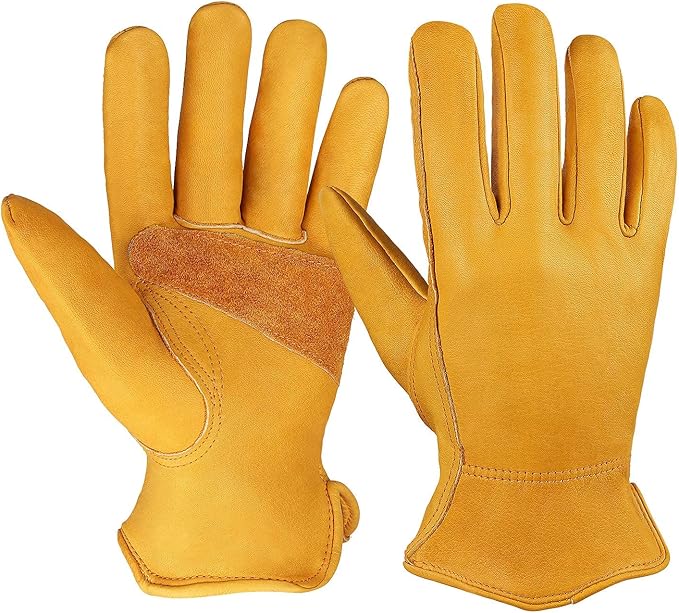 OZERO Leather Work Gloves Flex Grip Stretchable Tough Cowhide Work Gloves 1 Pair (Gold, Medium)