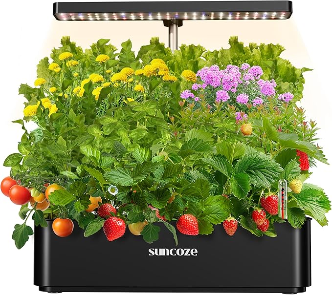 Hydroponics Growing System Kit 12 Pods, 24W LED Grow Light Indoor Garden, 4L Water Tank with Quiet Pump, Adjustable Height Herb Garden Planter Indoor Kit, Gardening Gifts, Black