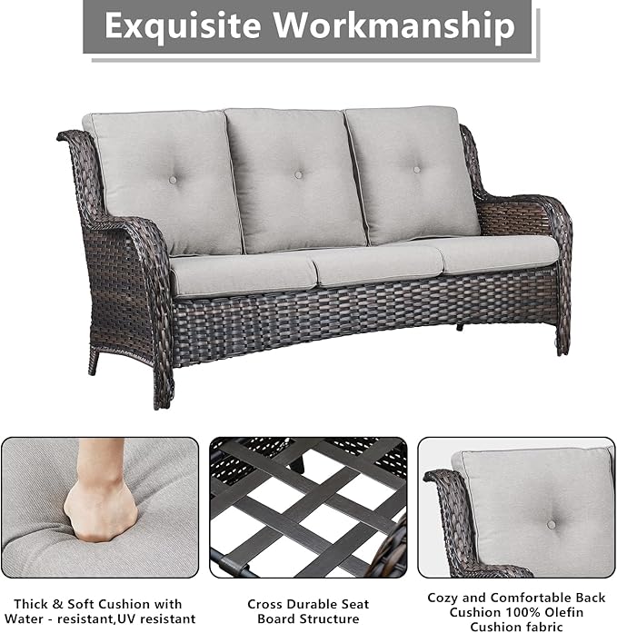 Outdoor Wicker Patio Furniture Set - 6 Piece Rattan Patio Conversation Set with 2 Rocking Swivel Chairs,2 Ottomans,1 Sofa and 1 Coffee Table for Porch Deck Backyard Garden(Brown/Beige)