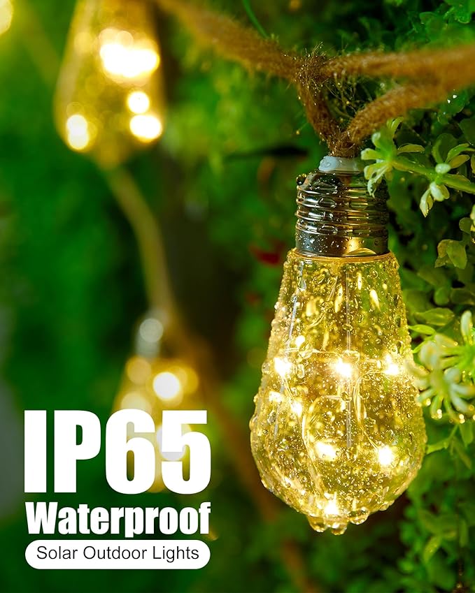 Brightown 30FT Solar String Lights Outdoor with 15 Shatterproof Bulbs, 8 Light Modes Vintage Hemp Rope LED Patio Lights, Waterproof Hanging Lights for Porch Garden Café Bistro Decor, Warm White