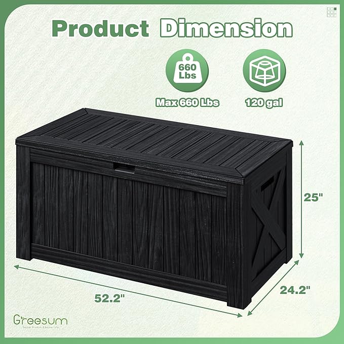 Greesum 120 Gallon Outdoor Storage Box with Lock - Large Resin Deck Box, Reinforced Lid for Garden, Patio, Lawn, Black