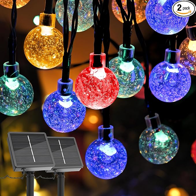 2 Pack Solar Lights Outdoor Waterproof, Total 72ft 120 LEDs Crystal Globe with 8 Modes, Solar String Lights for Outside, Patio Porch Garden Yard Christmas Wedding Party Decor (Multicolor)