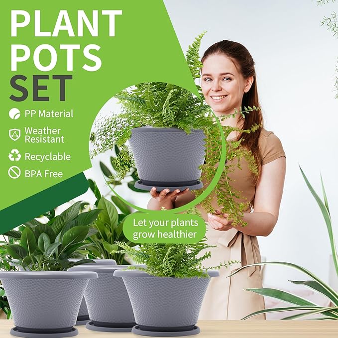 Quarut 12 Inch Large Planter Pot for Plants Indoor Outdoor, 4 Pack Plastic Flower Pots with Drainage Hole & Tray, Modern Decorative Garden Pot with Saucer, Plant Container for House Grey