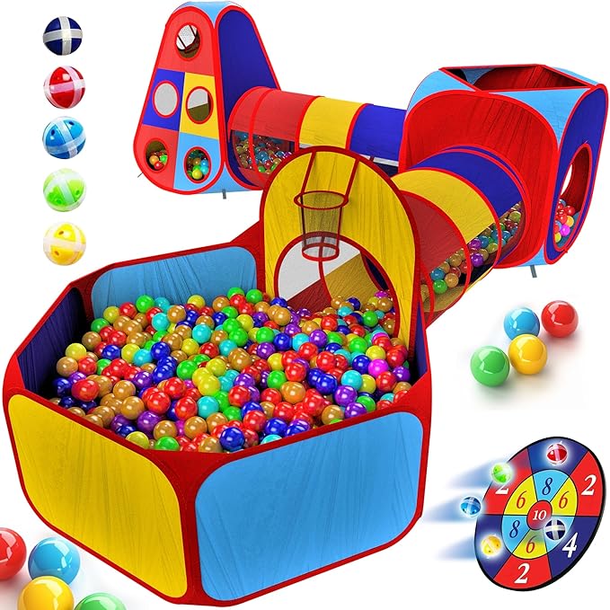 Playz 5pc Kids' Play Tents & Tunnels - Ball Pit for Toddlers, Basketball Hoop, Crawling Tubes, Pop-Up Playhouses, Baby Obstacle Course for Indoor or Outdoor Use
