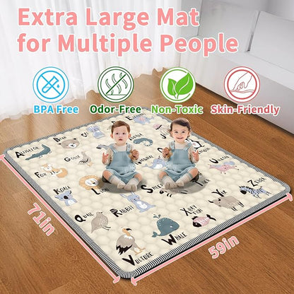 Baby Play Mat for Floor 59x71, Extra Large Soft Portable, Non-Slip Crawling Mat Machine Washable Foldable Playmate for Babies,Toddlers Indoor/Outdoor Use, Alphabet & Animal Design