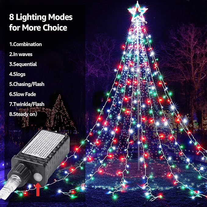BlcTec Outdoor Christmas Lights 344 LED Christmas Star Lights with 9 Strands 11.9ft Waterfall Tree Lights, 8 Modes, Waterproof & Timer for Garden Yard Patio Outdoor Xmas Decorations，Red Green White
