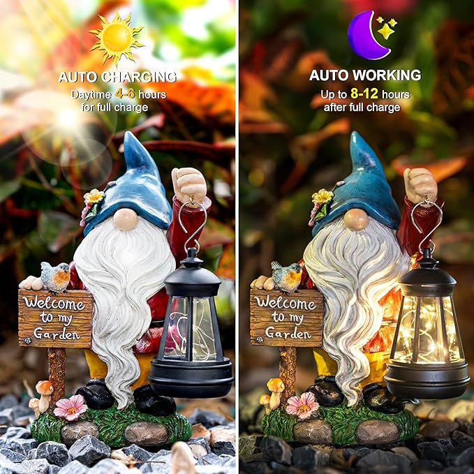 Garden Gnome Statues Figurine Lights - Solar Powered Lighting Outdoor Decorations with Lantern & Welcome Sign, Yard Art Lawn Ornaments for Porch Patio Balcony - Gnome Gifts for Women Mom