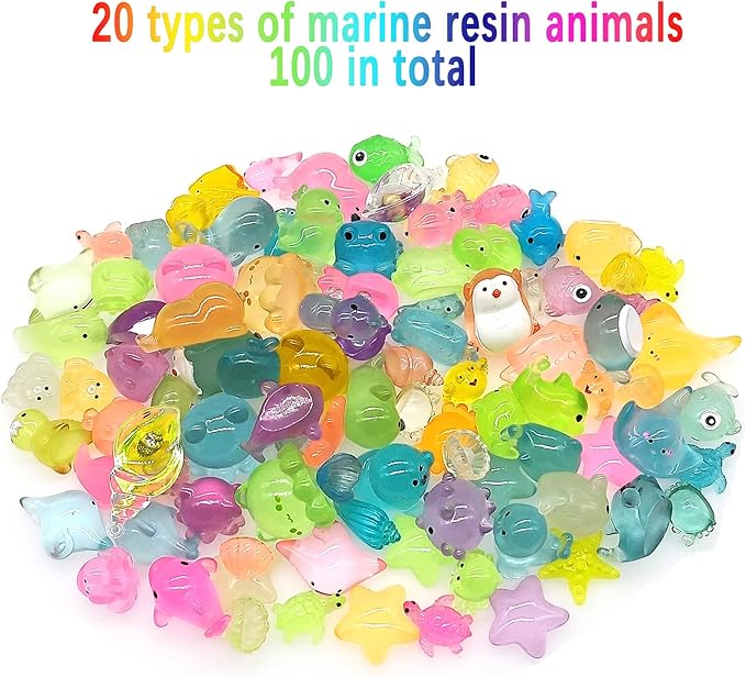 Luminous Ocean Mini Resin Animals Figures, 100 Pcs Glow in The Dark Tiny Plastic Animals Sea Creatures Miniature Figurines to Hide