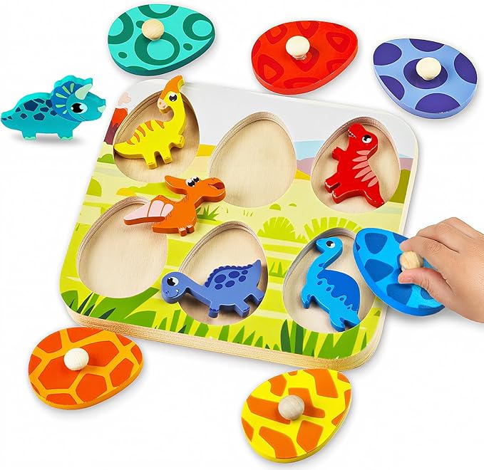 Christmas Stocking Stuffers Dinosaur Wooden Puzzles for Toddlers 1-3 Year Old, Matching Eggs Peg Puzzle Birthday Gifts for Babies Fine Motor Skills Montessori Toys for Toddler Age 2-4 Boys Girls