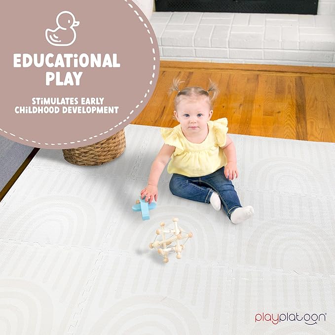 Play Platoon Non-Toxic Large Kids Play Mats for Floors, 9 Tile 72 x 72 inch - Extra-Thick Interlocking Comfortable Cushiony 24 x 24 in. Puzzle Mat with Border, Neutral Playmat Rug for Toddlers