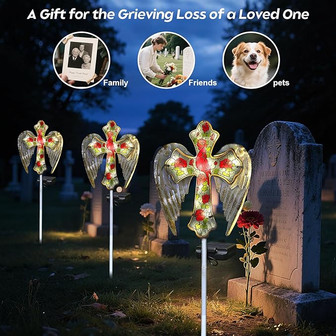 Solar Cross Garden Lights, Solar Cardinal Stake Lights Cemetery Decorations for Grave, Jesus Cross Sympathy Memorial Gifts for Mother Grandma, Glass Garden Art for Yard Lawn Patio Decor