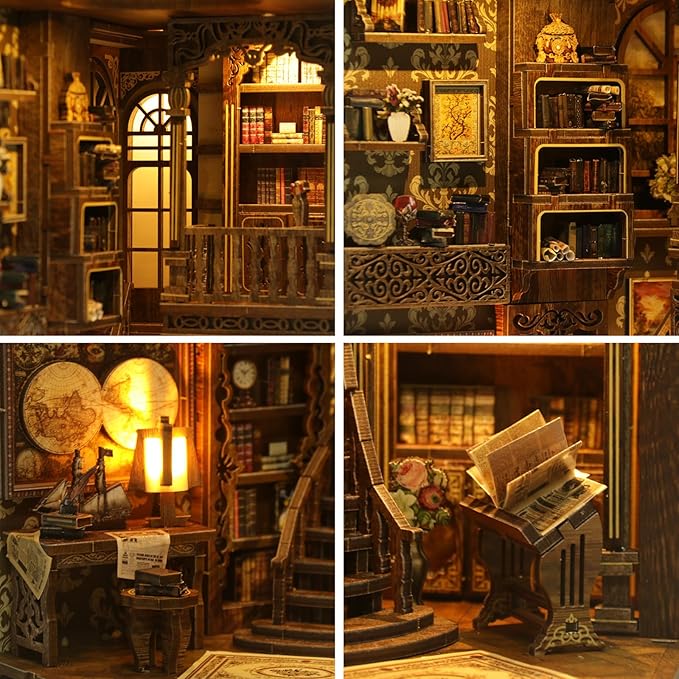 ISSEVE Book Nook Kit, DIY 3D Wooden Puzzle Dollhouse Booknook for Adults, Tiny Miniature House Kit Bookshelf Decor with LED Light and Dust Cover, Gifts for Family and Friends (Book Collection Room)