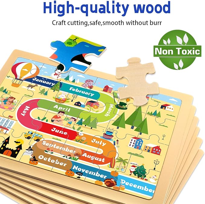 Christmas Wooden Puzzles for Toddlers 3-5,6 Packs 24Pcs Jigsaw Wooden Number Shape Puzzles for Ages 4-8,Preschool Educational Brain Toys Gifts for Boys and Girls 2 4 3 5 Year Old（Season）
