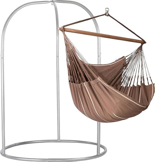 LA SIESTA® - XL King Habana Cotton Hammock Chair & Romano Steel Stand - Hanging Hammock Chair w/Stand - Indoor Outdoor Hammock Chair Swing for Bedroom Porch Balcony - Boho Hanging Chair - Chocolate