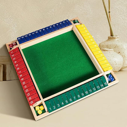Upgraded 16.54'' Shut The Box Dice Game 4 Player-Colorful Wooden Close The Box Game with 15 Numbers + 16 Dices- Tabletop Math Board Game Kids & Adults