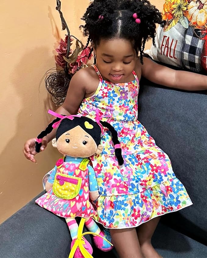 LeyaDoll Soft Bady Educational Soft Baby Doll(16''), Learning Sensory Doll for Toddlers, Montessori Toys for 2-Year-Old Girls Christmas, Birthday Gifts, Plush Doll with Button-Busy Sweetheart Tanned